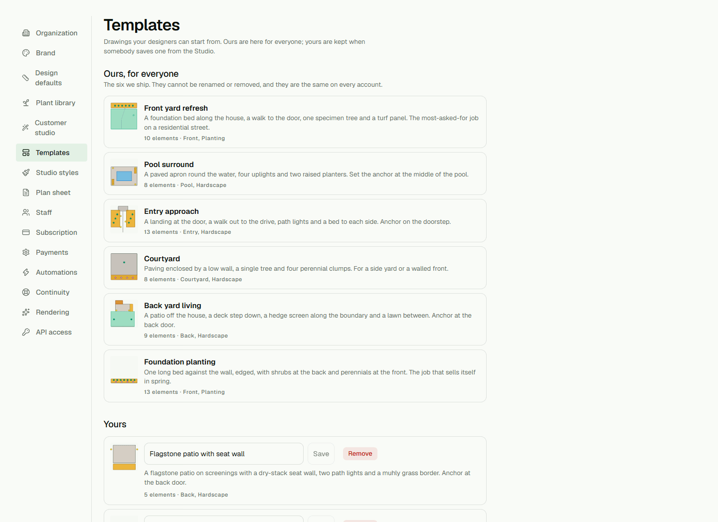 Design templates page separating shared and organization templates.