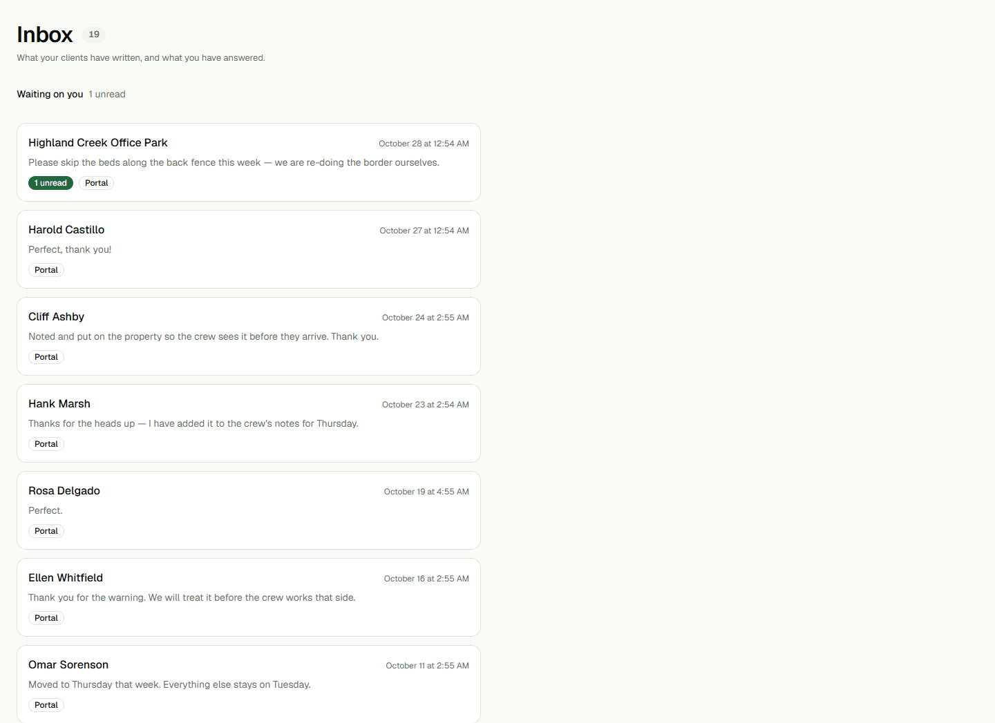 Office inbox showing customer conversation threads.