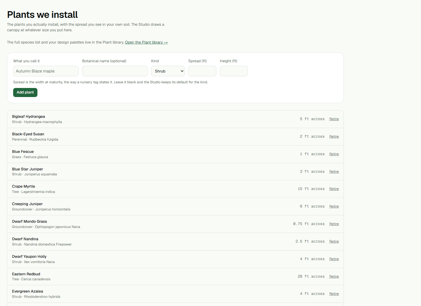 Plants we install page with the plant form and active company list.