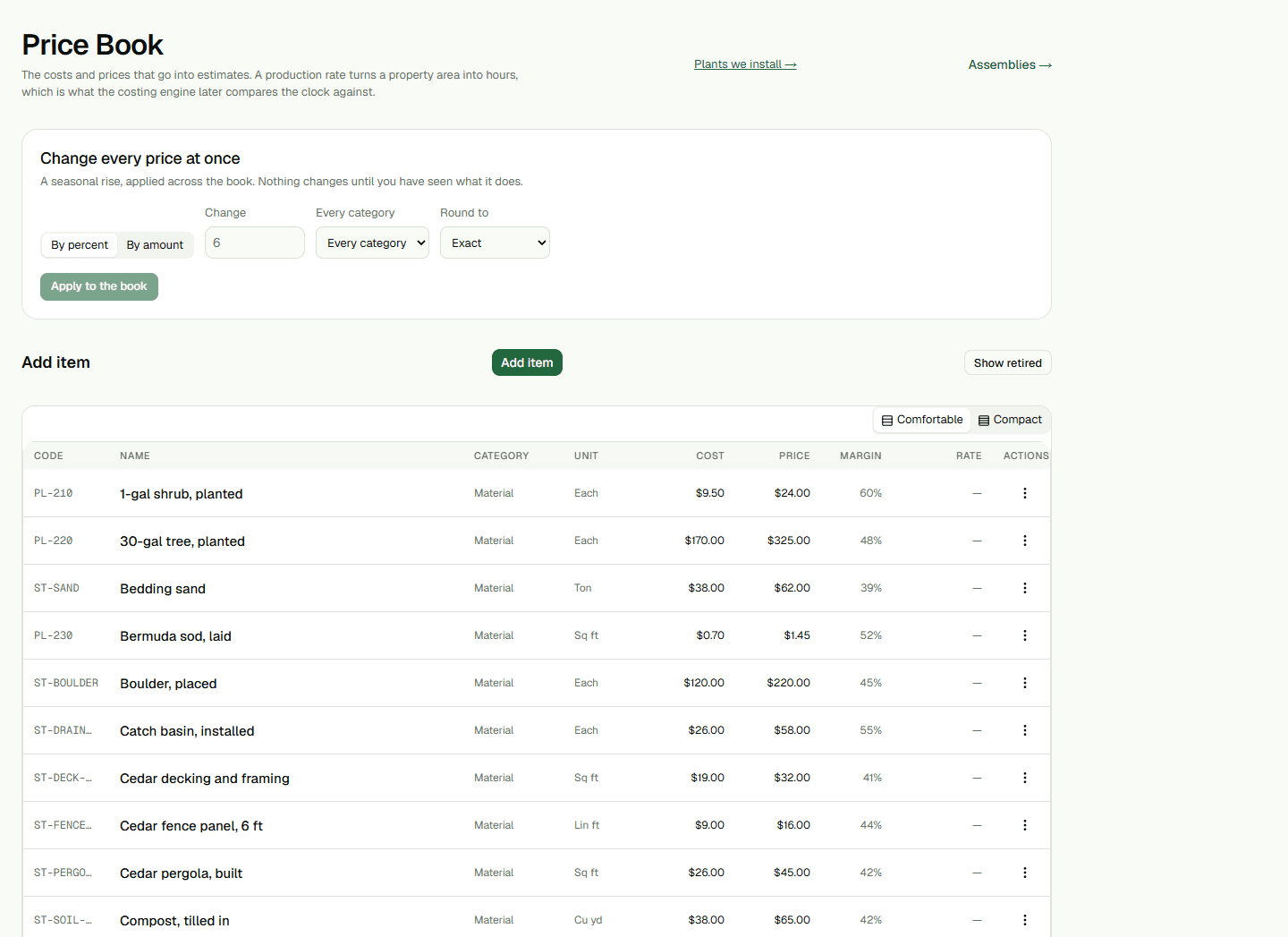 Price Book with the item list and price controls.