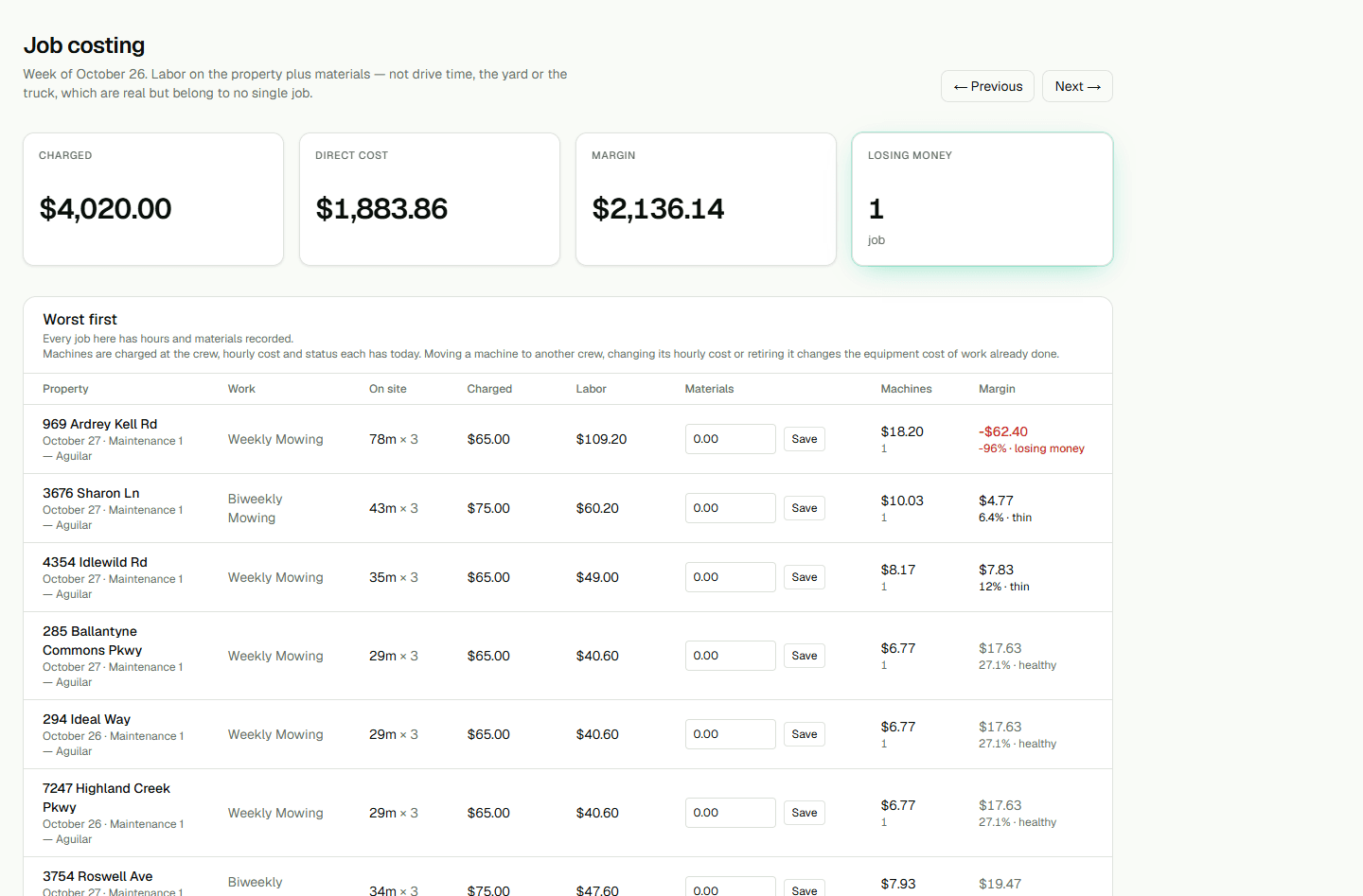 Screenshot: Read job costing.