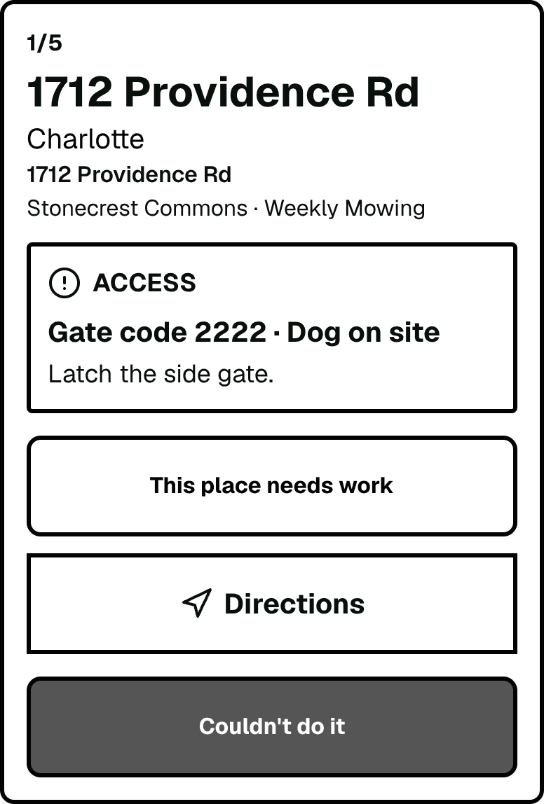 A stop card on the crew phone: the gate code and the dog, directions, or say why it could not be done
