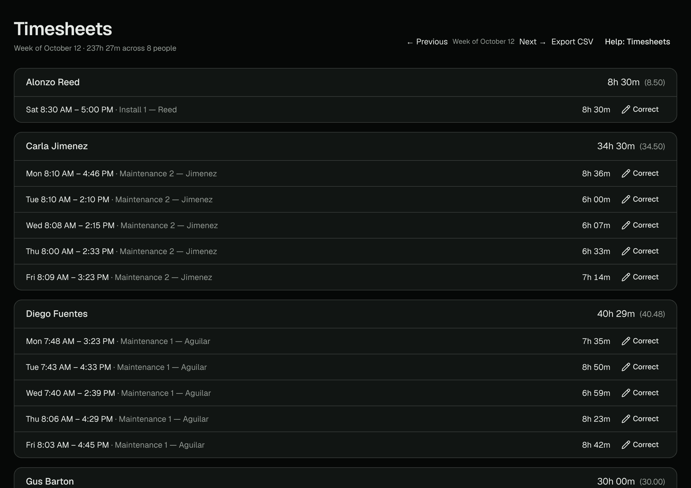 Timesheets generated from the crew's recorded day