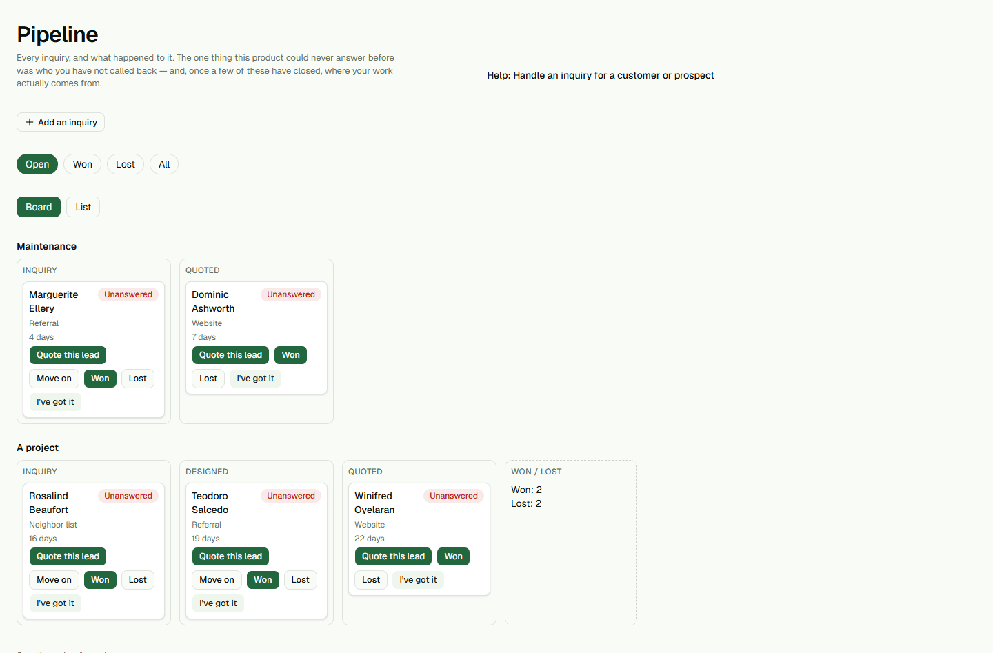 Screenshot: Record an inquiry and make it a customer.