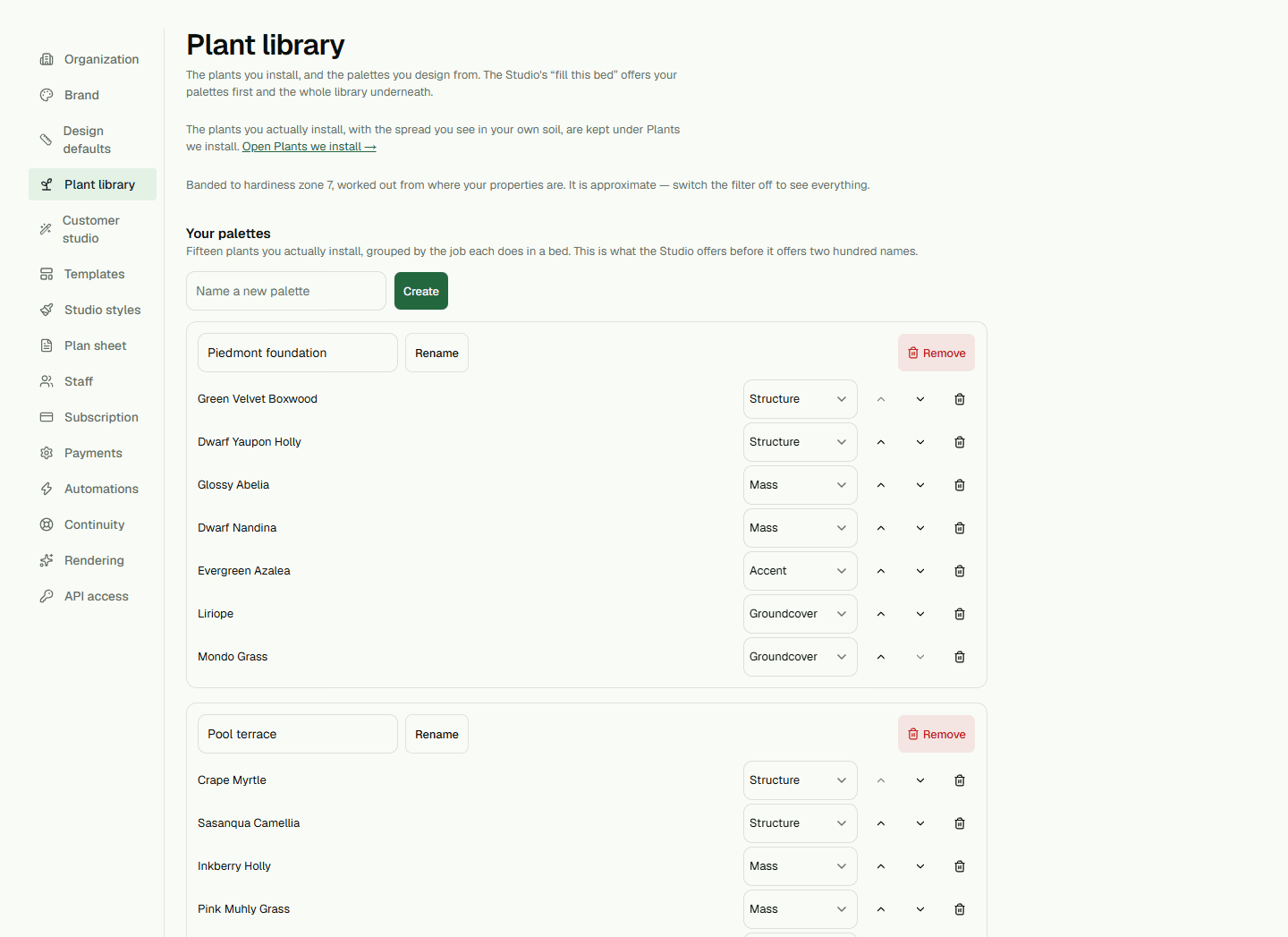 Plant library with shared species, organization plants, and palettes.