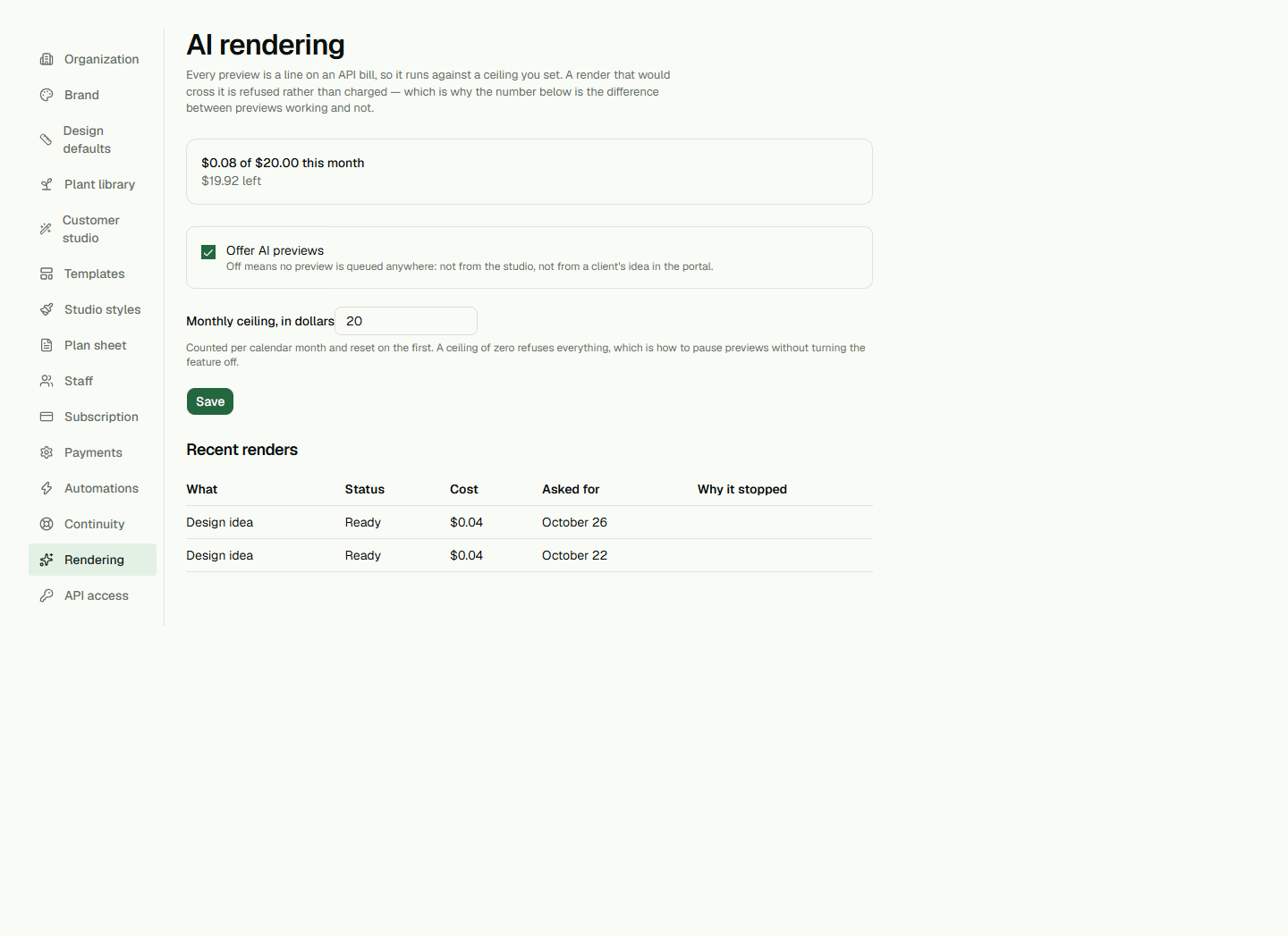 Rendering settings with the preview switch, monthly ceiling, and recent jobs.