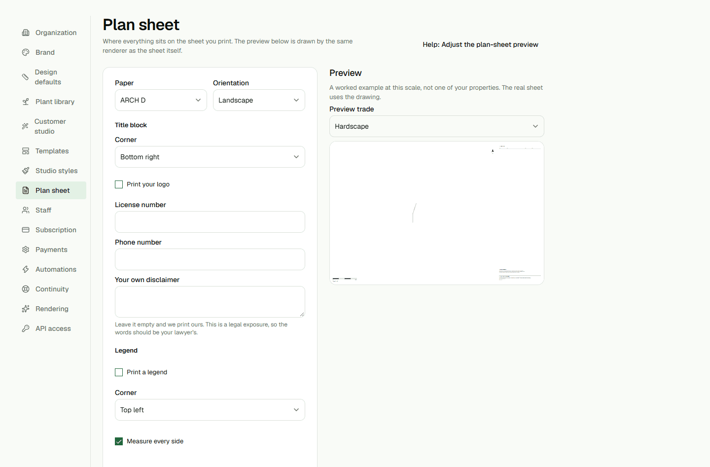 Screenshot: Adjust the plan-sheet preview.