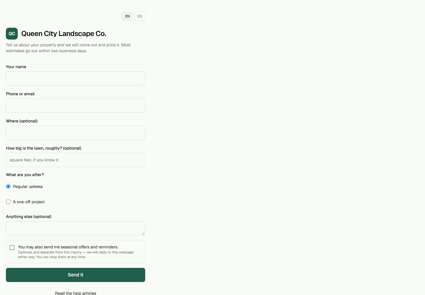 Screenshot: Send a project or maintenance inquiry.
