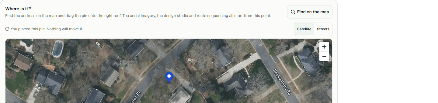 Address picker with the saved location on satellite imagery.