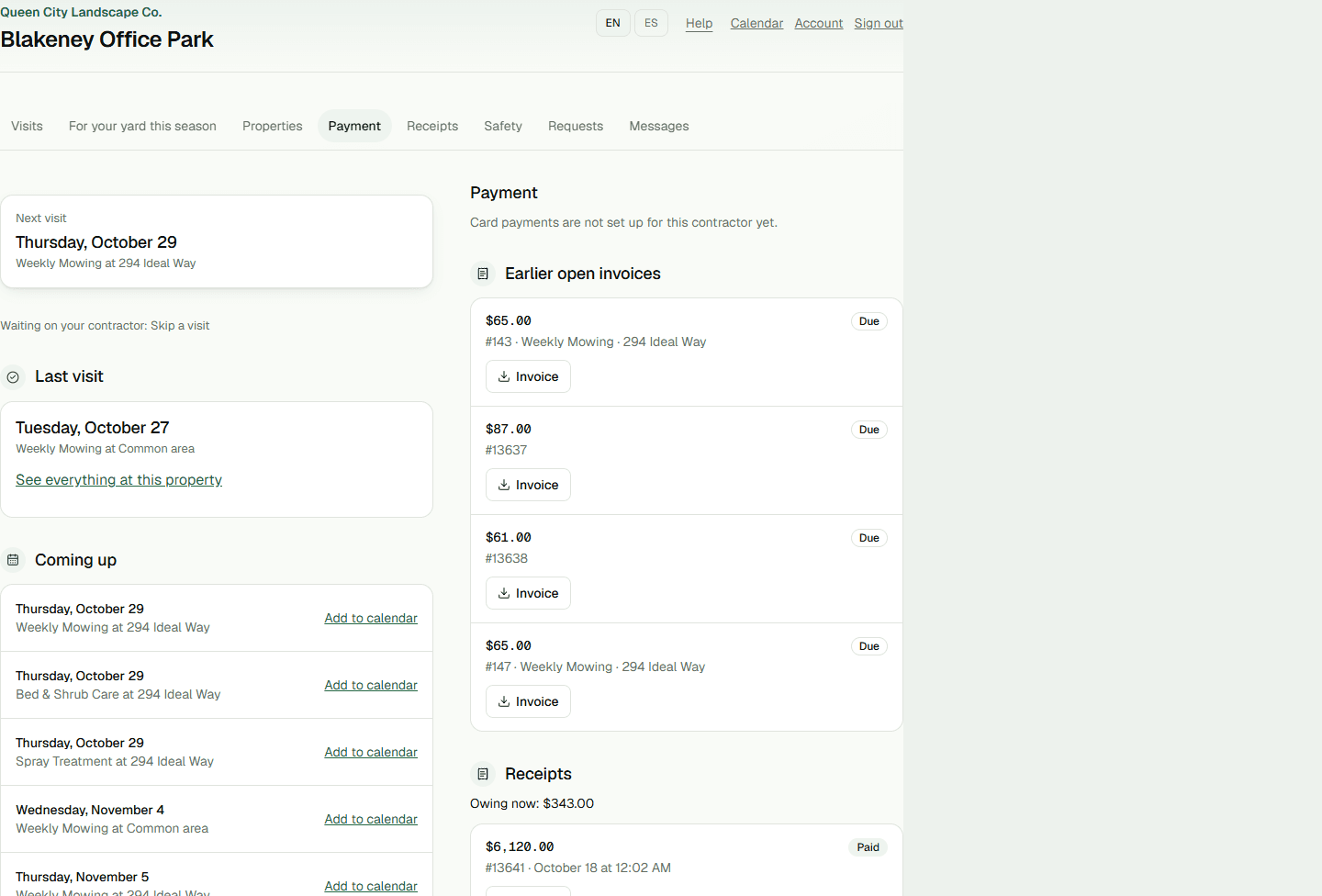 A client's portal home with visits, property details, and payment records