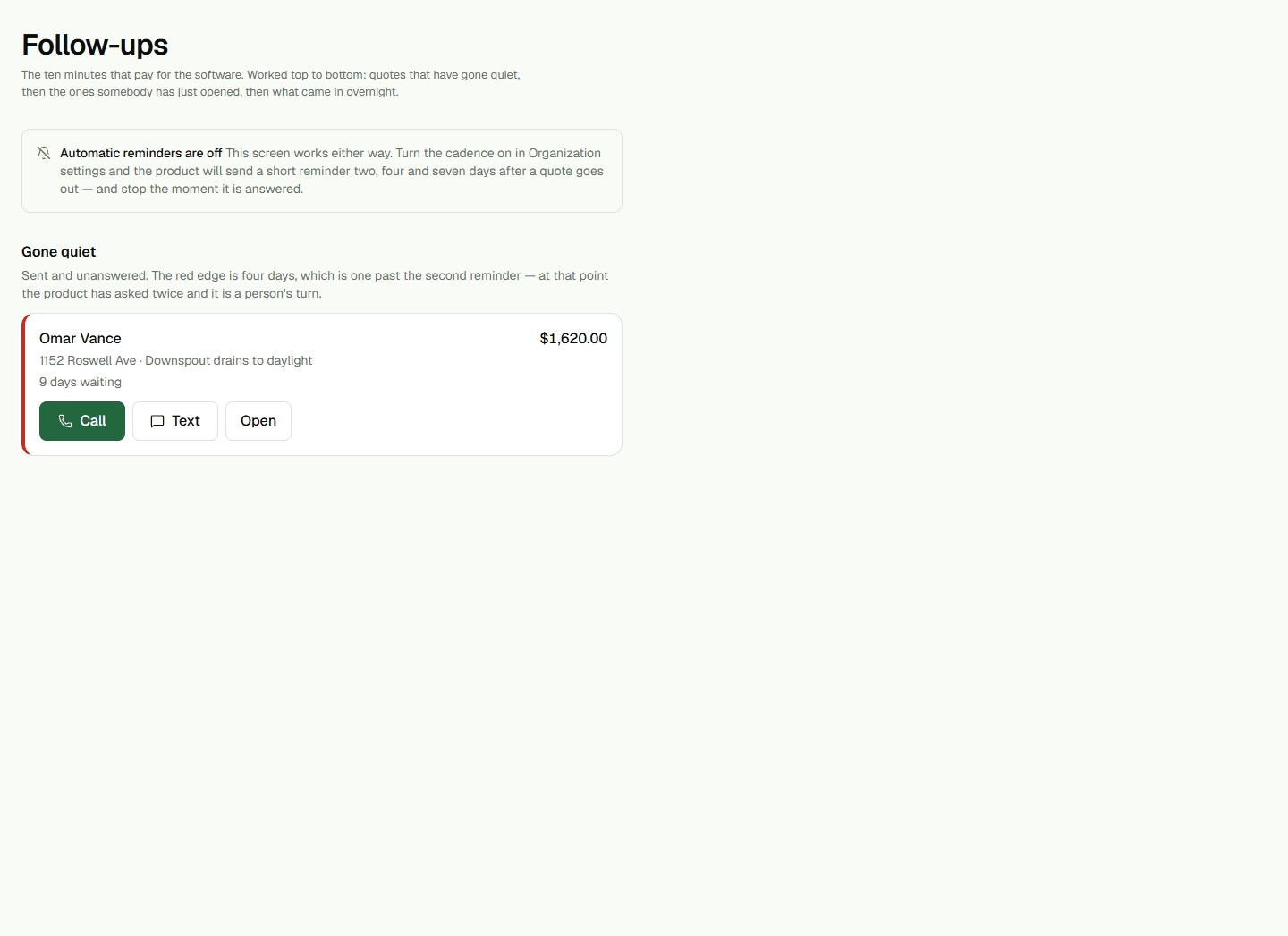 Follow-ups page with waiting inquiry and viewed quote sections.