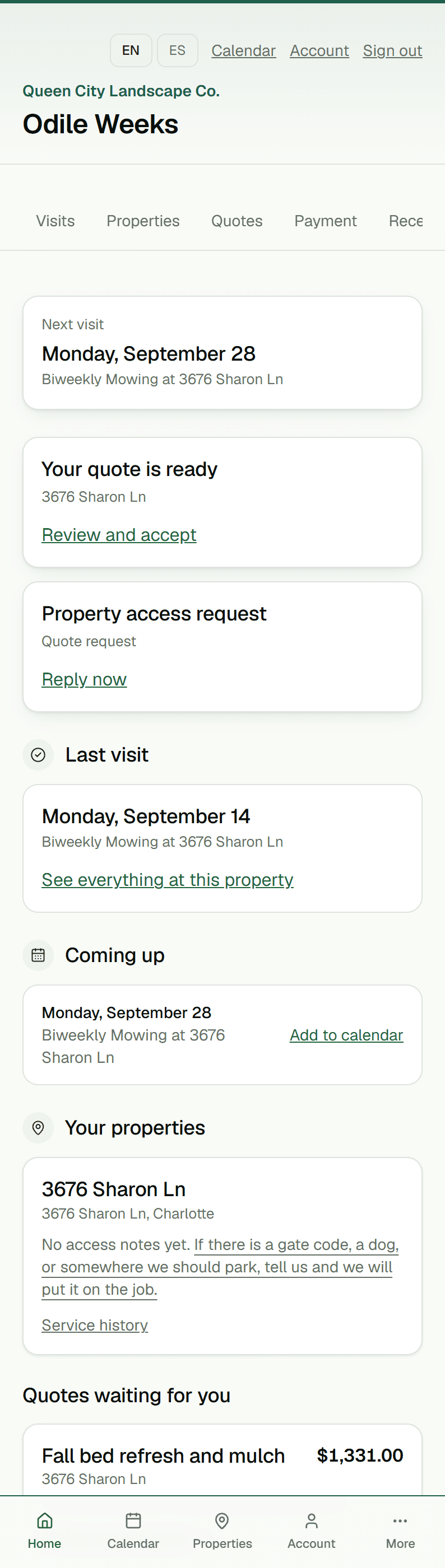 A client's portal home: next visit, last visit, one place to ask